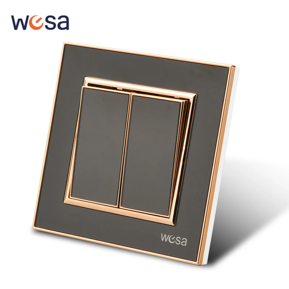WESA Schwarzer Spiegel-Wandlichtschalter aus Acryl, flammhemmend, Panel-Taste, 2 Gang, 1 Weg, Wandwippe, Doppelschalter, Ein/Aus, AC 250 V Image