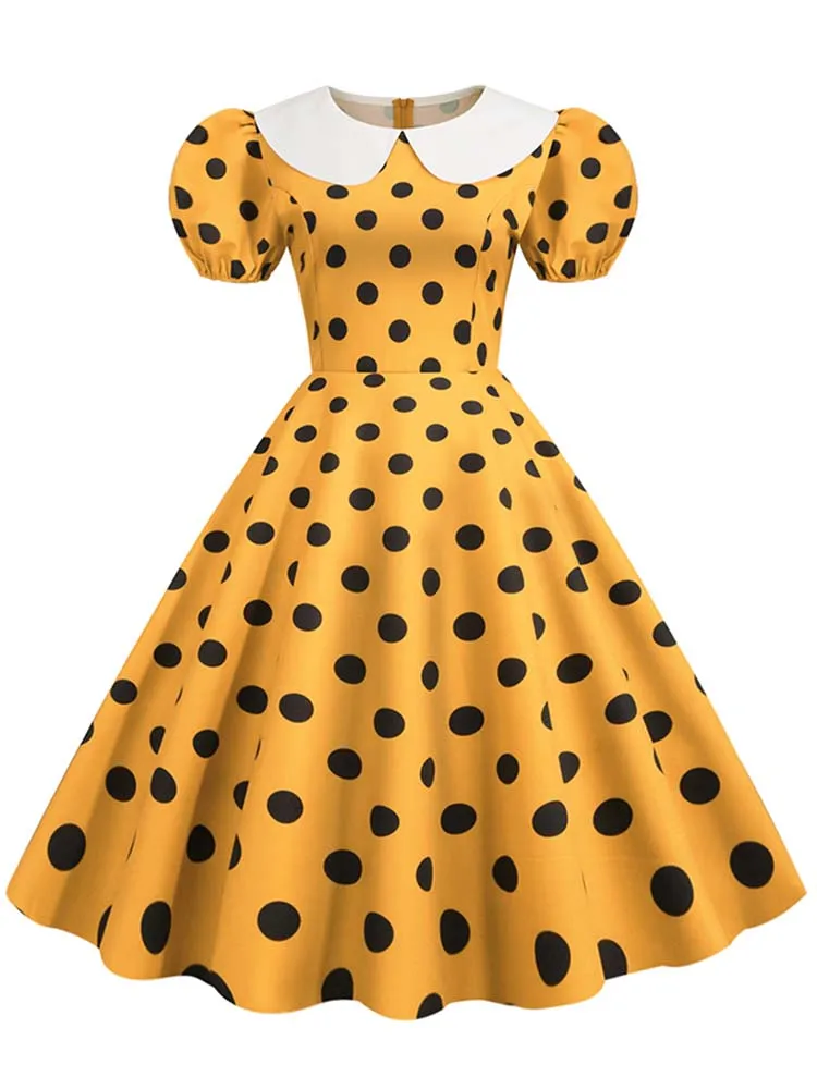 Peter Pan Kragen Elegantes Damen Sommerkleid Puff Kurzarm Polka Dot Vintage Kleid A-Linie Midi Party Sommerkleid