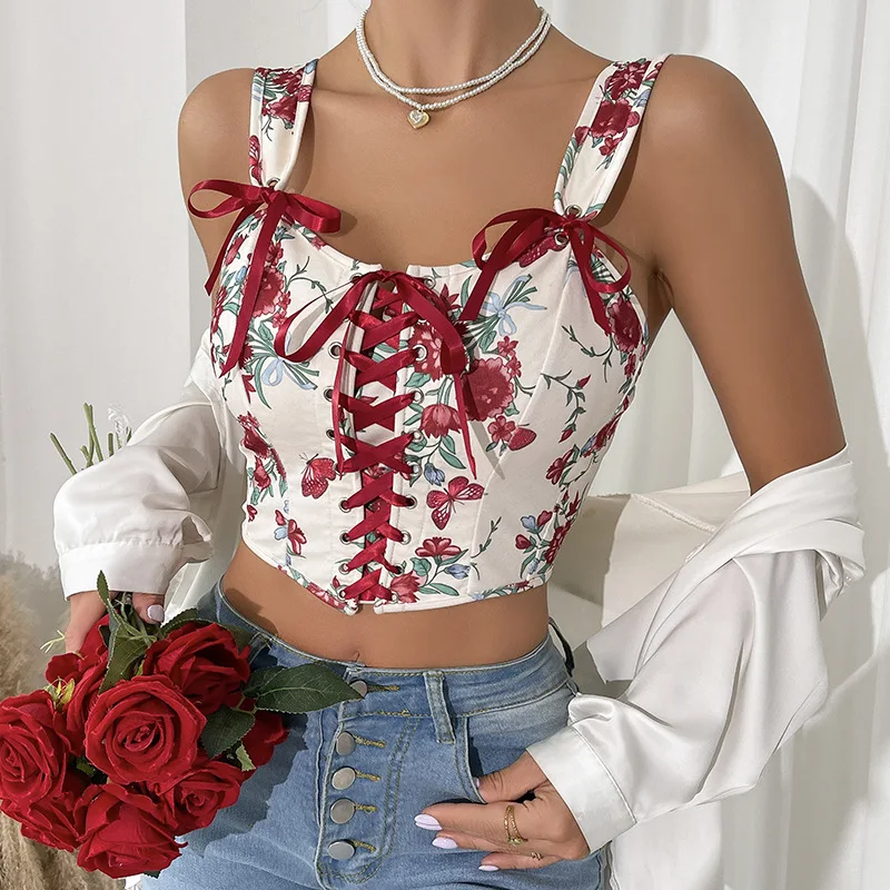 Europäische Vintage Bogen Korsett Tops sexy Blumen Korsett Bustier Crop Top Tank Schnür Leibchen für Frauen ausgehen Outfit Body shaper Image