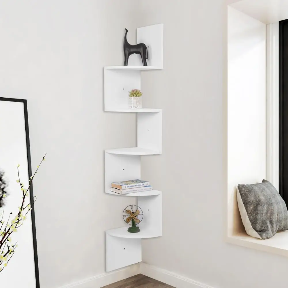 WOLTU 1 STÜCK Weiß Schwarz 5 Etagen Zickzack-Stil Dekoratives Wandregal Bücherregal Eck-CD-DVD-Regal für Heimorganisation Dekoration