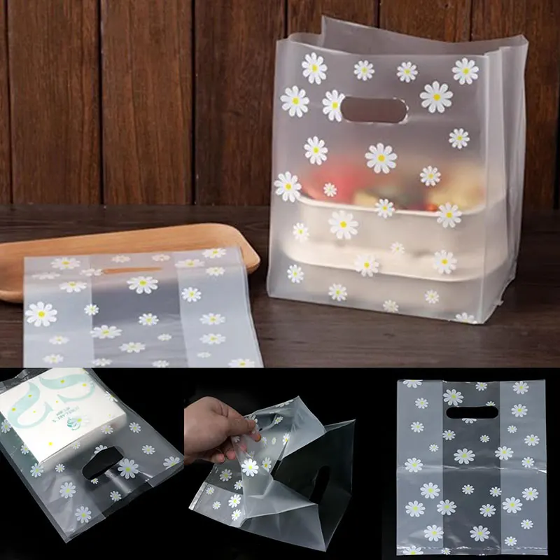 50/100 Stück Gänseblümchen bedruckte Kunststoff-Geschenktüten mit Kunststoffgriff, 30 x 20 cm große Geschenktüten, perfekt für Partys, Feiertage und Einzelhandelsgeschäfte Image