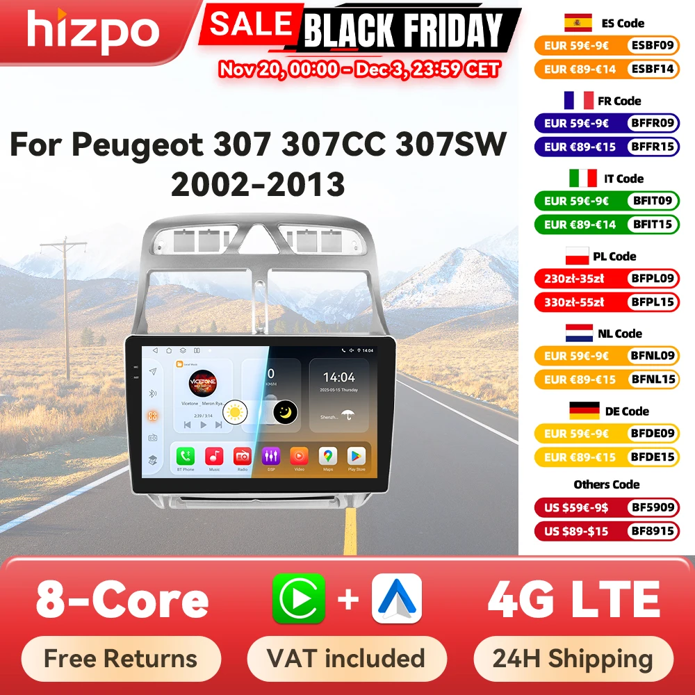 Hizpo 6115 Autoradio Für Peugeot 307 307CC 307SW 2002 - 2013 Drahtlose CarPlay Android Auto Intelligente Systeme Nr. 2 din 2din DVD