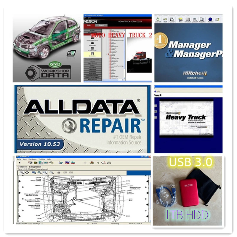 Auto Data Repair Software Alldata 10.53 Mitchell ondemand 2015v Vivid Workshop ATSG AUtodata 1tb HDD USB 3.0 Image