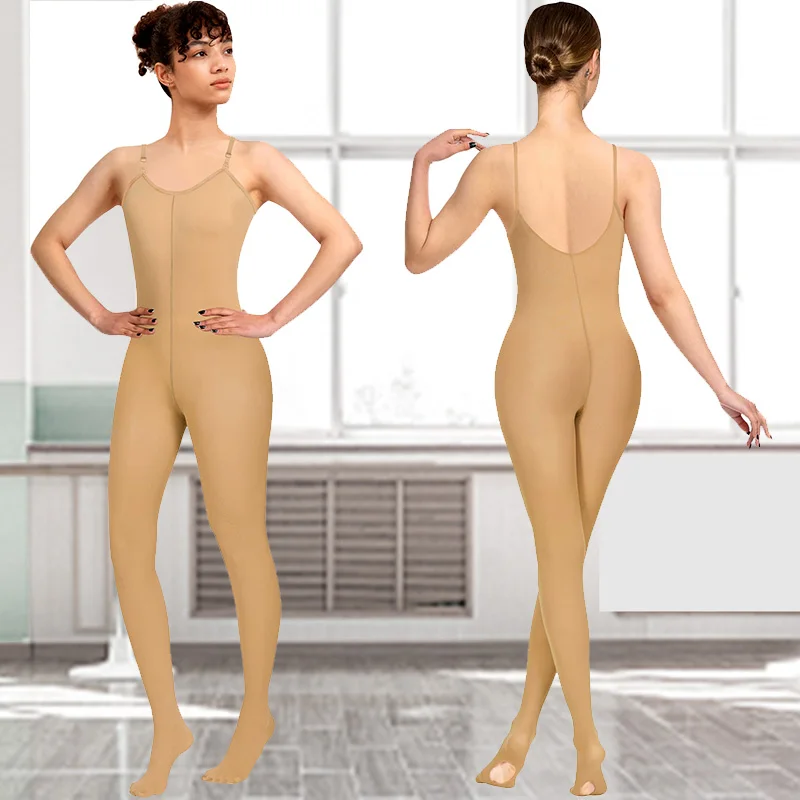 Damen-Ballett-Gymnastik-Ganzkörper-Strumpfhose in Nude, Tanz-Cabrio-Strumpfhose mit verstellbarer Schulter, transparente und nackte Träger
