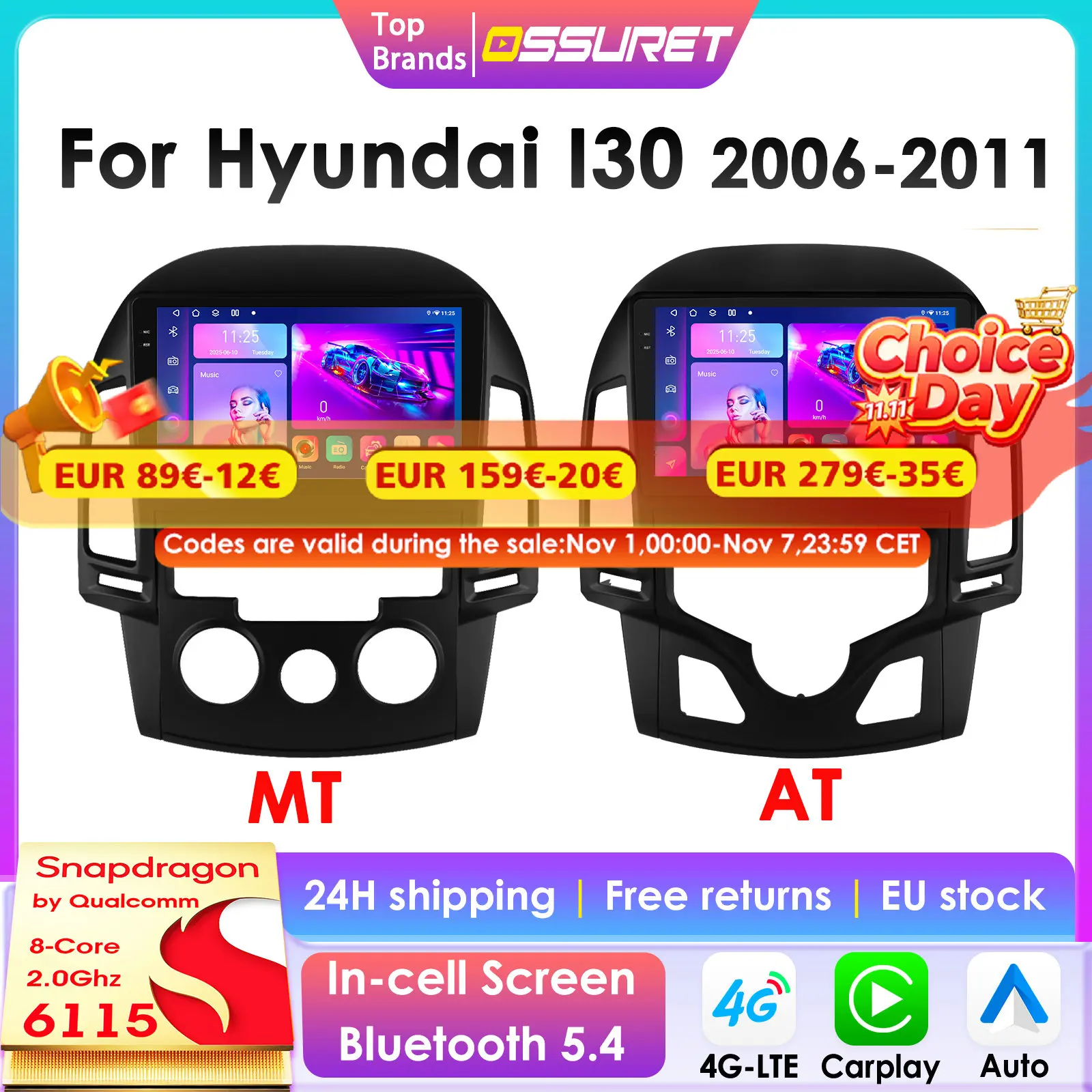 2Din Carplay Android Auto Radio Für Hyundai I30 i30 AT MT 2006-2011 Auto Multimedia Player Navi GPS Autoradio 4G-LET RDS 6115 Image