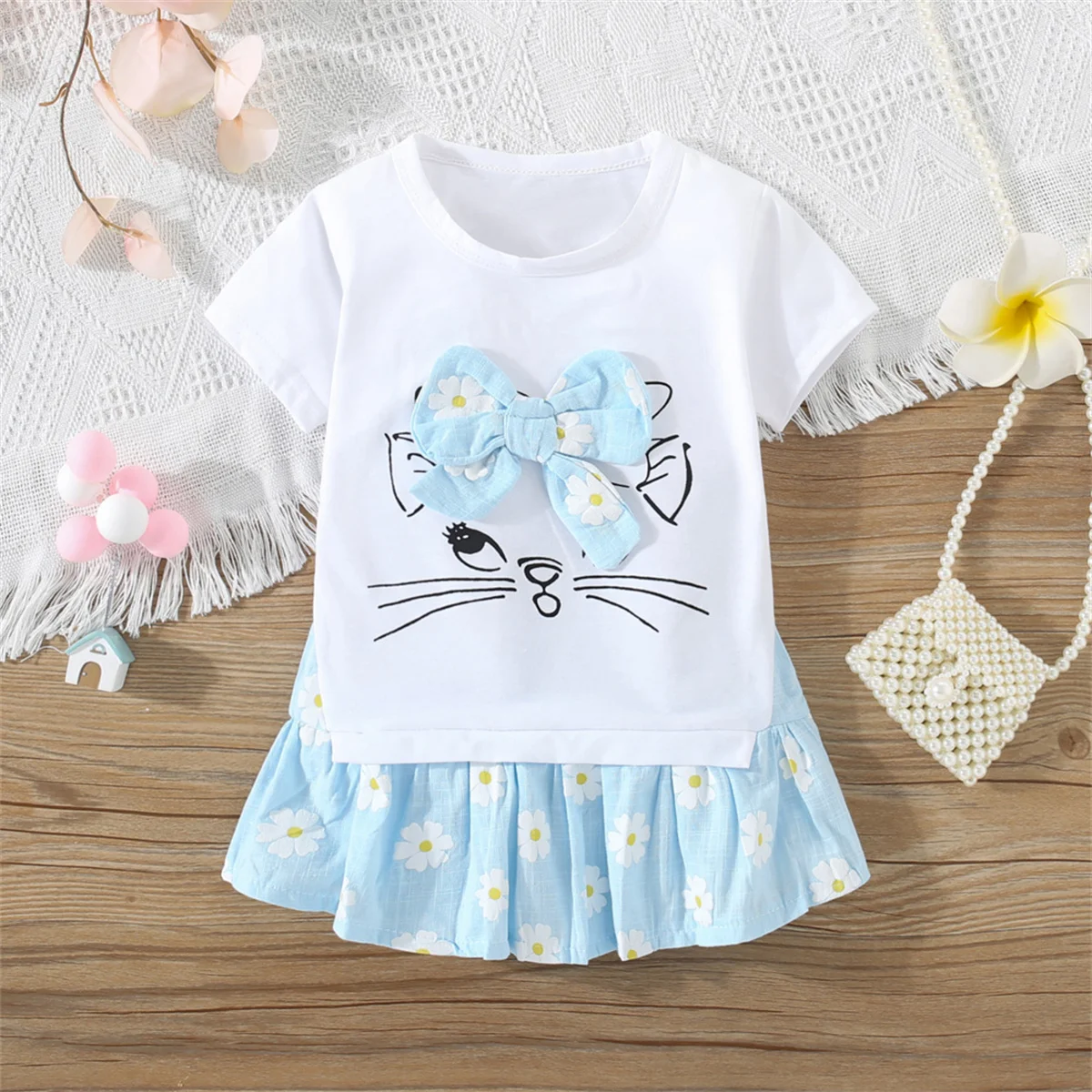 Blume Katze Druck Säuglings Kleid Sommer Neue Mädchen Baby Kurzarm Kleid Nette Mädchen Kinder Kleidung Image