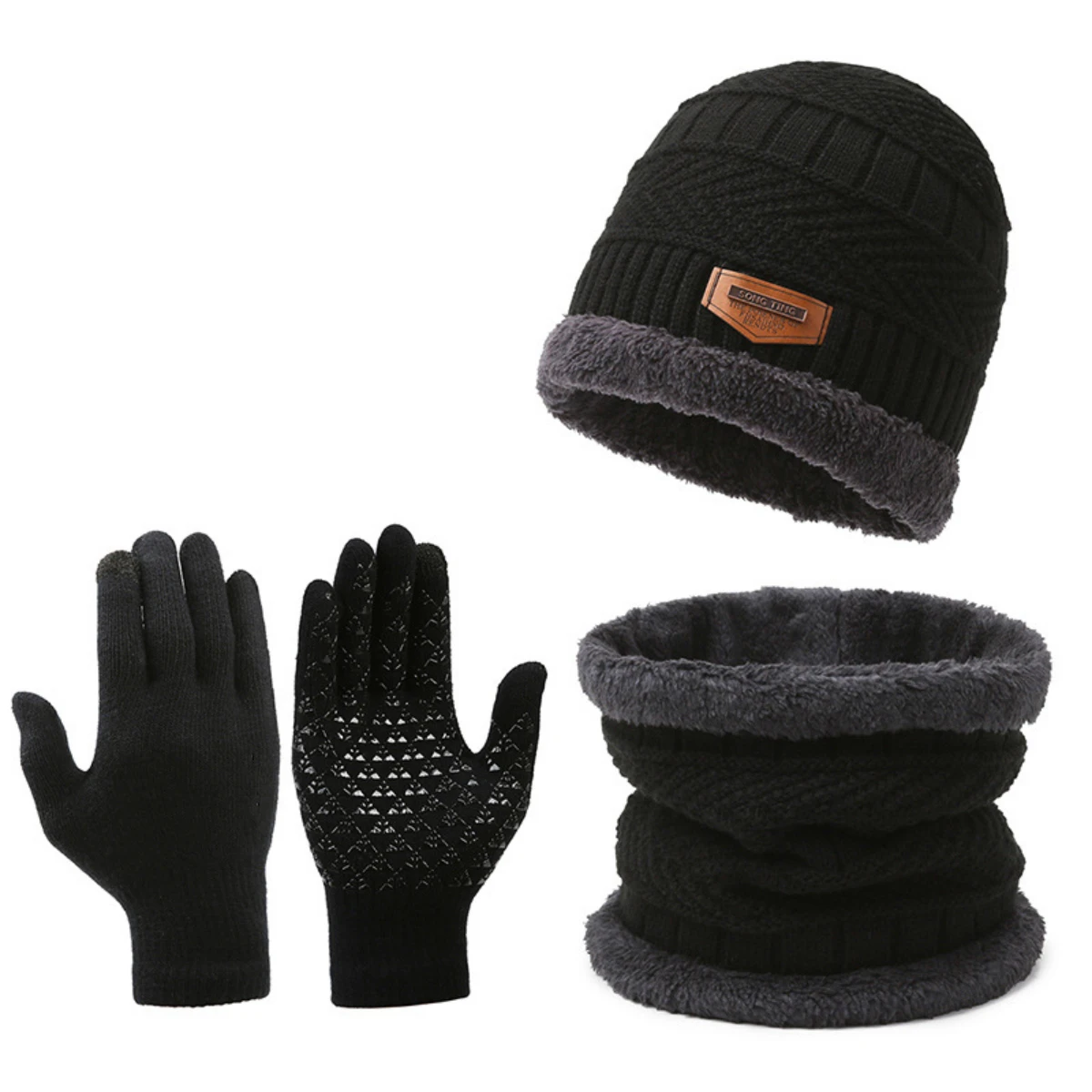 3-teiliges Set aus warmen, mit Plüsch gefütterten Strickmützen, Schals und Handschuhen, Winteraccessoires Image