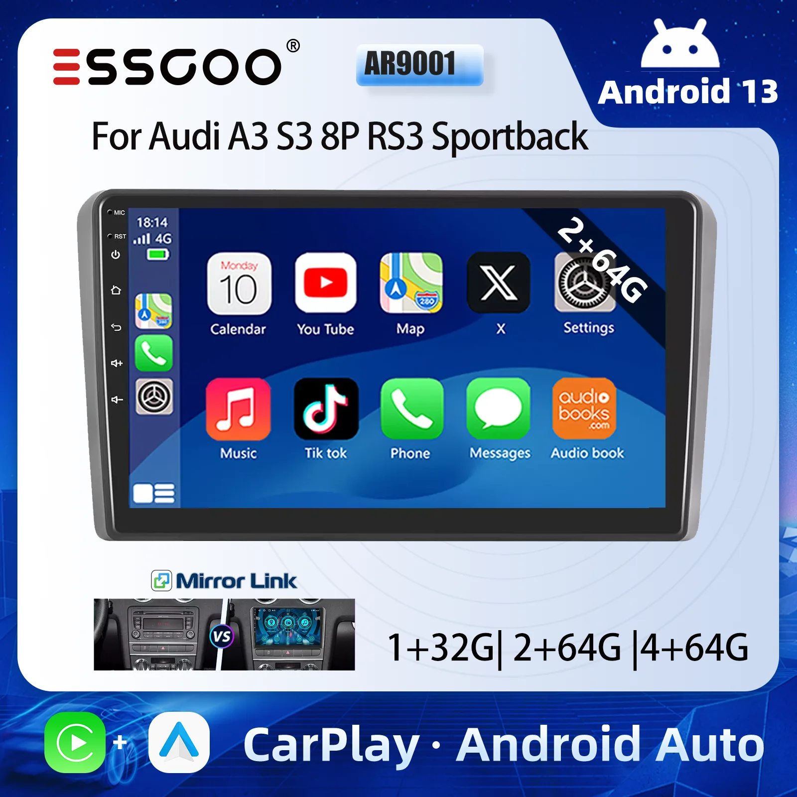 ESSGOO Display Touchscreen da 9" CarPlay Wireless Android Auto Autoradio Lettore Multimediale Radio Android 13 Navigazione GPS SAT Wifi Bluetooth FM RDS ASP per Audi A3 8P 2003-2013 S3 8P 2006-2012