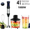 Frullatore ad immersione manuale 1000 W Potente 4 in 1, robot da cucina con bastoncino in acciaio inossidabile, vaso di miscelazione da 700 ml, processore da 500 ml, frusta