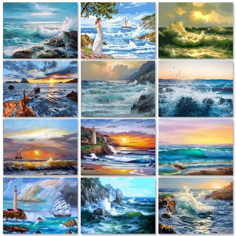 Gatyztoire peinture acrylique par numéros pour adultes vague paysage coloriage par numéros bricolage cadeau décors muraux photo peinture main Painti