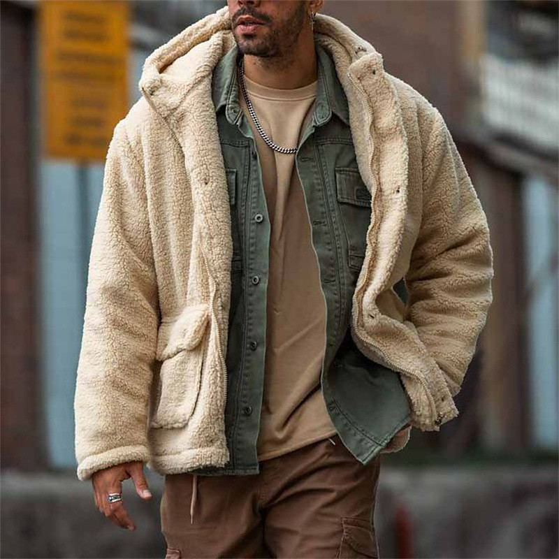 Men's Puffer Jacket Fleece Jacket Teddy Coat Casual Jacket Vacation Daily Thermal Warm Pocket Fleece Fall Winter Plain Fashion Streetwear Hooded Regular Apricot Black Khaki Jacket