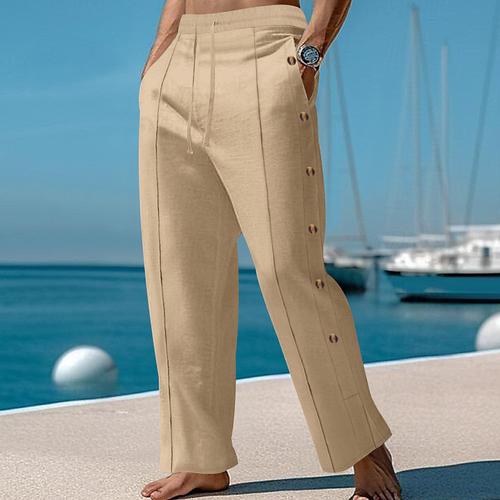 Men's Linen Pants Trousers Summer Pants Beach Pants Elastic Waist Side Button Pleats Plain Comfort Breathable Full Length Casual Daily Holiday Vacation Fashion Black White