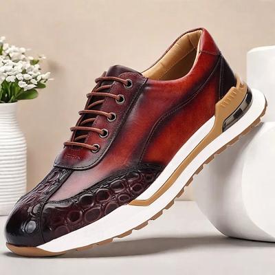 Men's Premium Cowhide Leather Sneakers with Crocodile Texture and Lace-Up Design – Casual Athletic Shoes for Everyday Wear