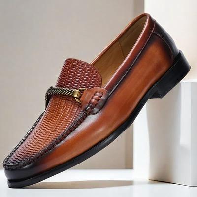 Stylish Brown Leather Loafers with Woven Detail and Metal Bit for Men Perfect for Casual and Business Casual