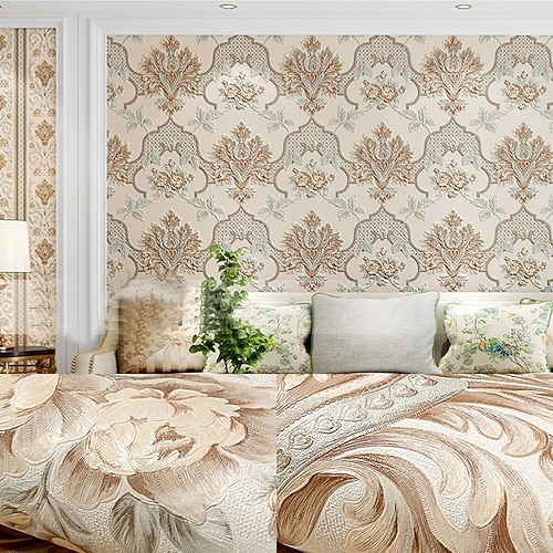 1 Rolle 3D europäischer Damast nicht selbstklebende Tapete geprägt Schlafzimmer Kopfteil Wohnzimmer Hintergrund Wanddekoration wasserdichte Tapete 950x53cm/374x20.87inch Image