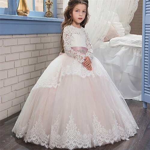 Blumenmädchenkleid Kinder Mädchen Prinzessinenkleid Leistung Hochzeit Party Elegant Schön Gitter Feste Farbe Langarm Rundhalsausschnitt Hellgelb Hellrosa 4 Jahre