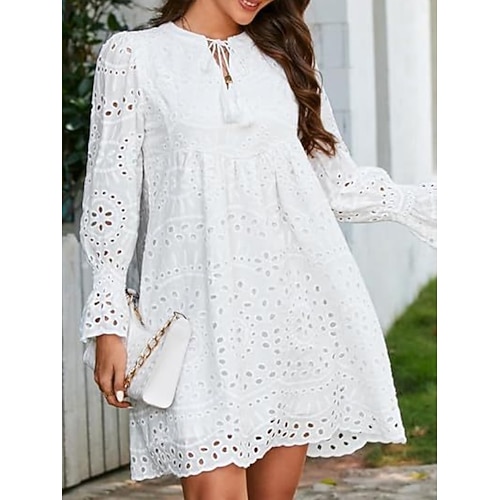 Damen Casual kleid Minikleid Baumwolle Bestickt Urlaub Strand Brautkleider schlicht V Ausschnitt Langarm Puffärmel Weiß Grün Farbe Image