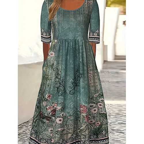 Damen Maxikleid Freizeitkleid Schwingkleid A Linie Kleid Boho-Kleid Lässig Täglich Herbstkleid Normale Passform Blumen Kurzarm V Ausschnitt Schwarz Rote Marineblau Königliches Blau Frühling Herbst Image
