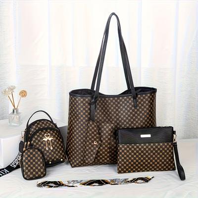 TEMU Casual Polka Dot Leather Bag Set For Women - 5 Piece Combo With Shoulder Bag, Tote, Clutch, Crossbody & Pouch - Magnet Closure, Polyester Lined, Non-washable, From Guangzhou - Ready