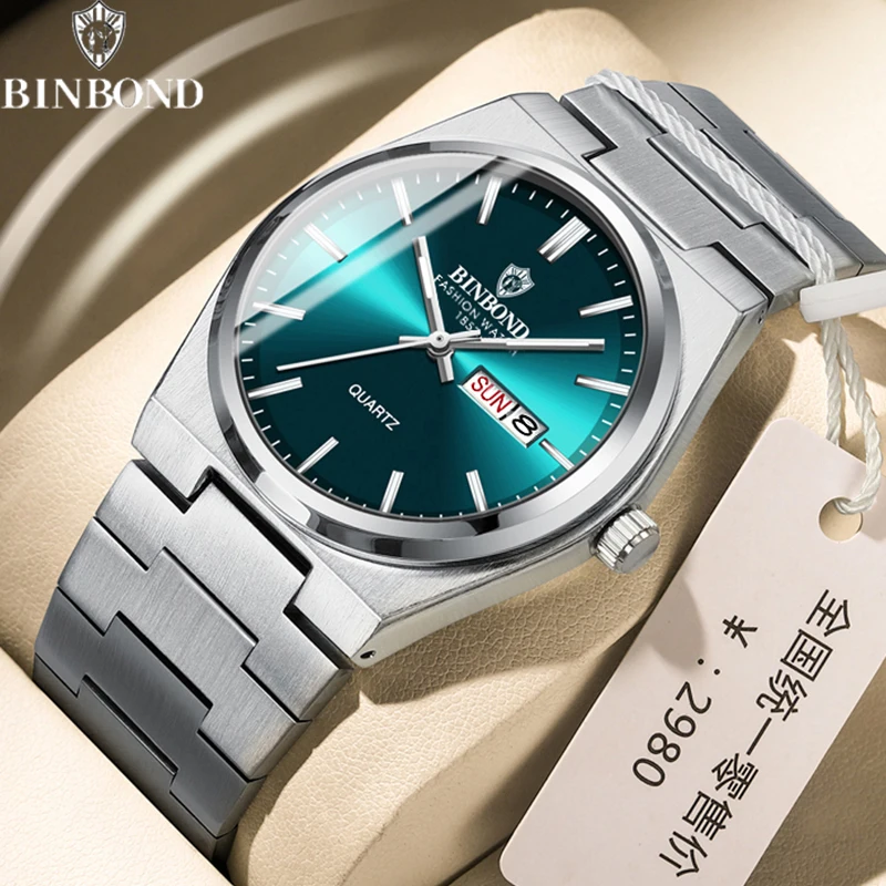 BINBOND Luxusuhr für Herren, elegantes Datum, Woche, wasserdicht, leuchtend, Herrenuhr, Quarz, Edelstahl, Sport-Herrenuhren, reloj Image