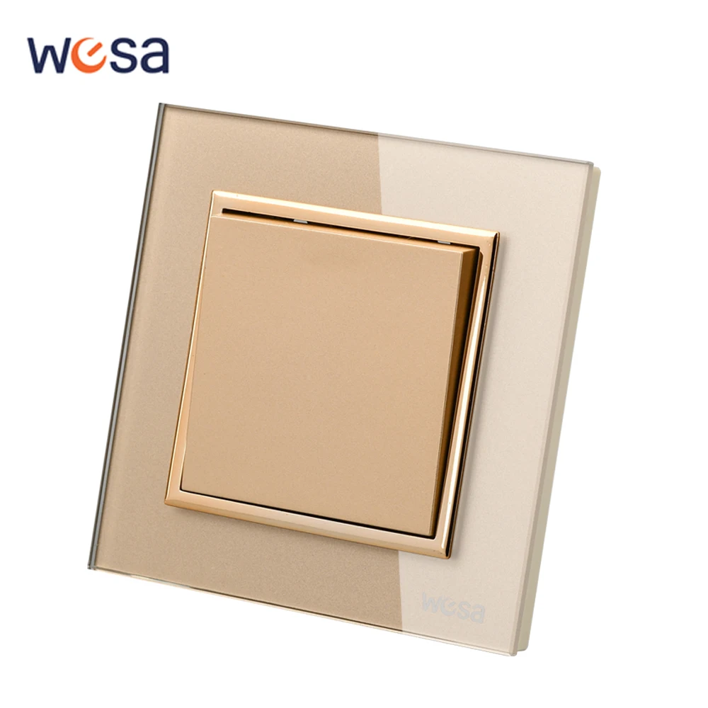 Wesa Luxus Kristall gehärtete Glasscheibe Gold Wand schalter Flamm schutzmittel 1 Gang 1-Wege-Wandwippschalter ein/aus 16a AC 250V Image