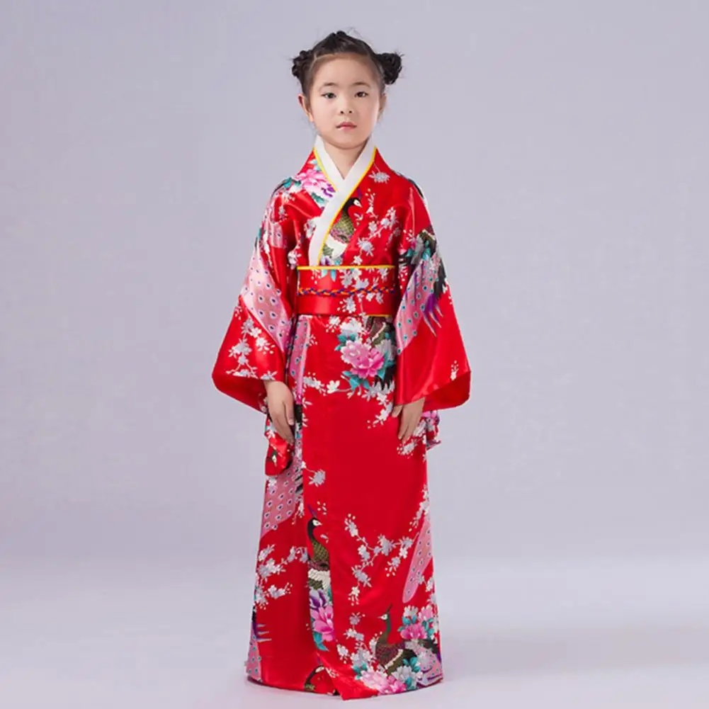 Kinder Satin Blumen Kimono Robe Mädchen traditionelle Kimono Pyjama Pfau Kimono Robe Bademantel Mädchen seidige Satin Roben Nachtwäsche Image