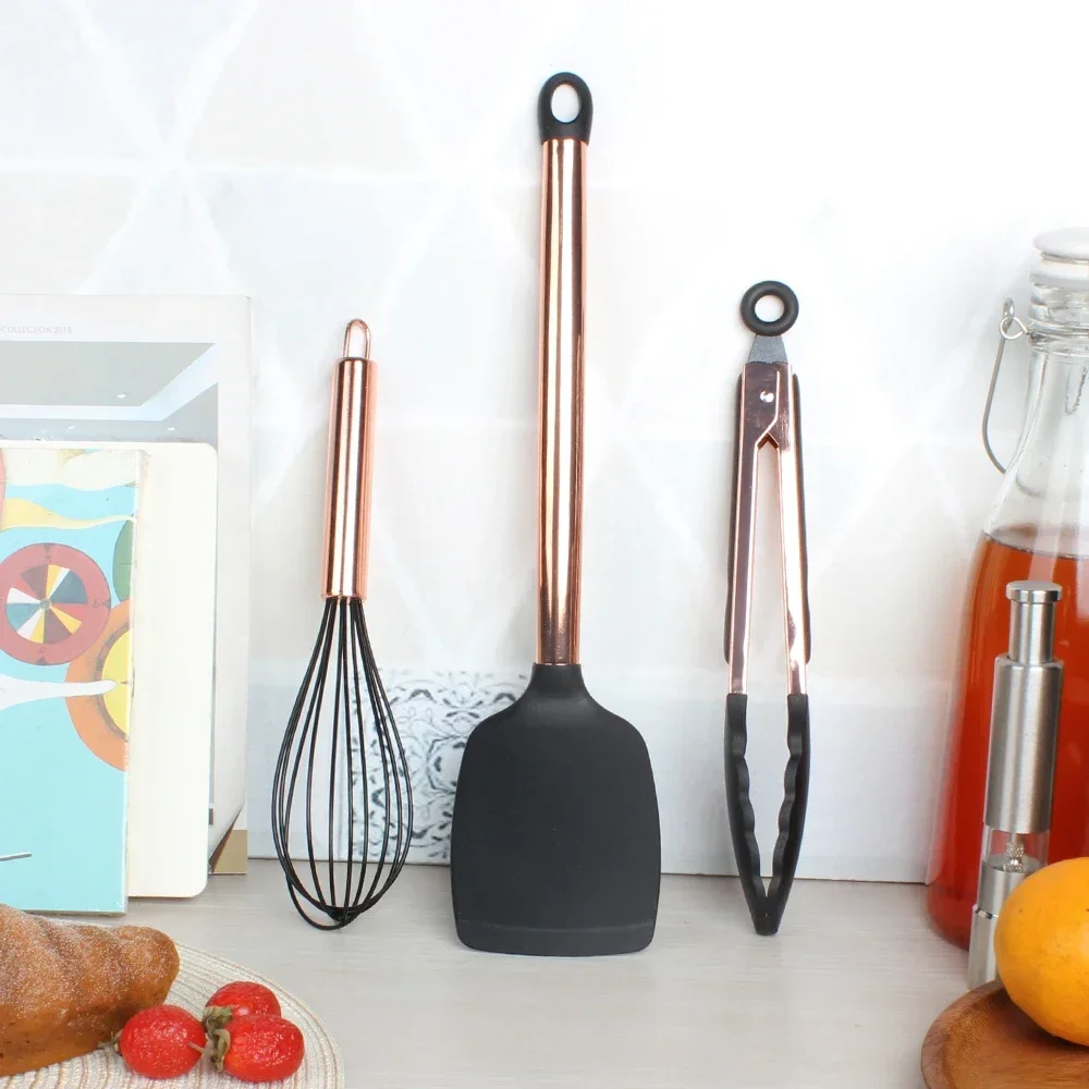 Roségold Silikon Kochute nsilien 3 pc Küchen utensilien Set leicht zu reinigen für Antihaft-Kochgeschirr Gadgets Set-Schneebesen Tong Turner
