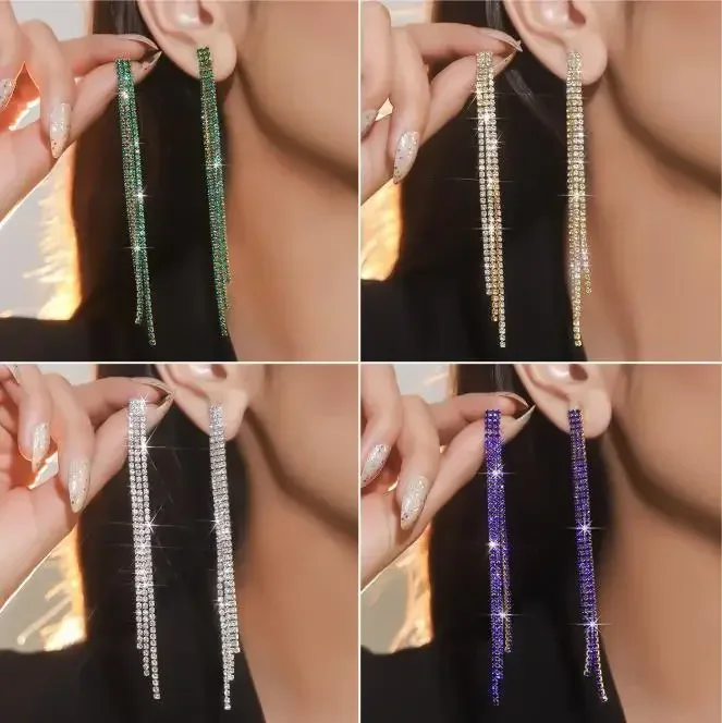 FYUAN Lange Quaste Strass Tropfen Ohrringe für Frauen Grün Blau Gold Silber Farbe Kristall Baumeln Ohrring Party Hochzeit Schmuck Image