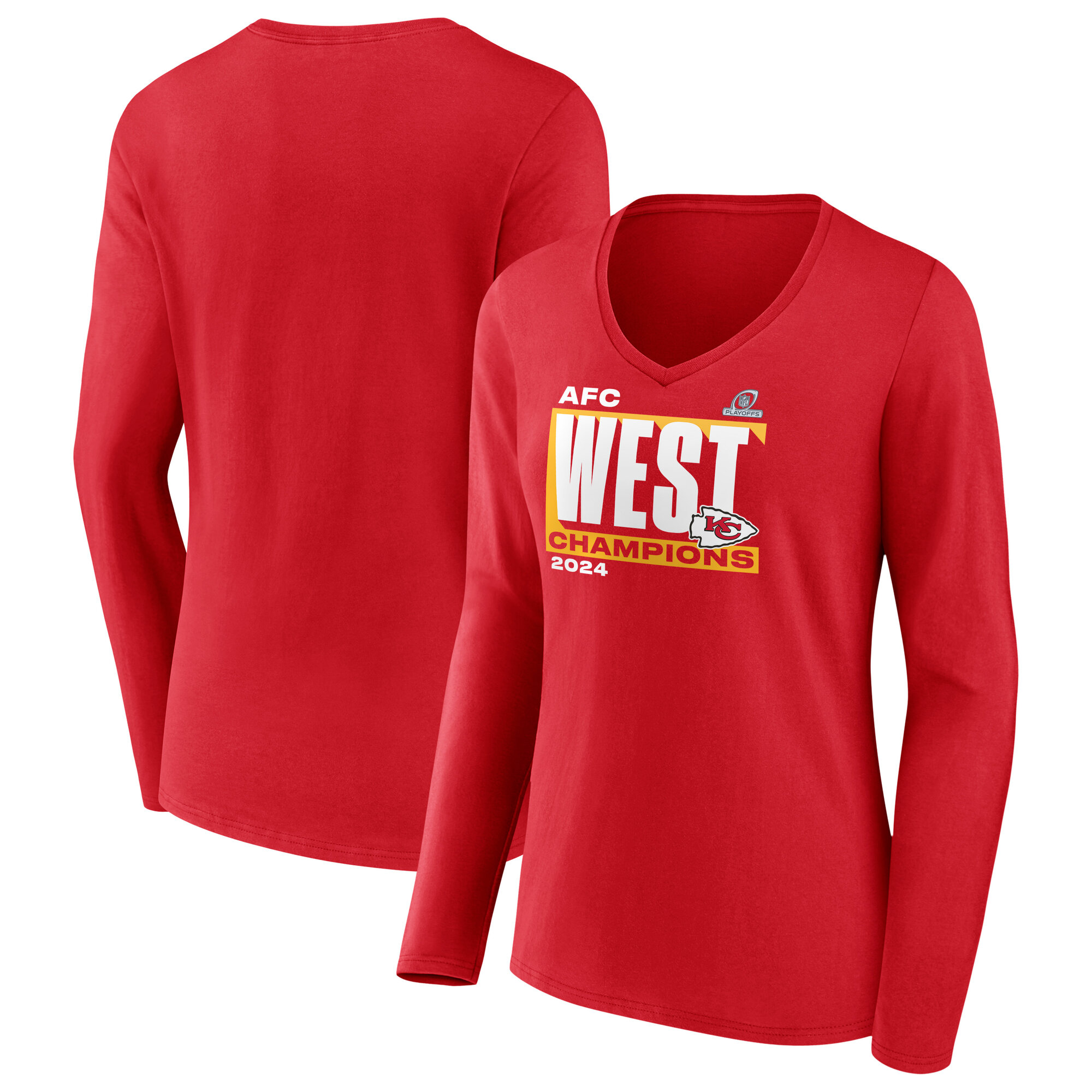 Rotes Kansas City Chiefs 2024 AFC West Division Champions Conquer Fanatics-T-Shirt mit langem Arm und V-Ausschnitt für Damen Image