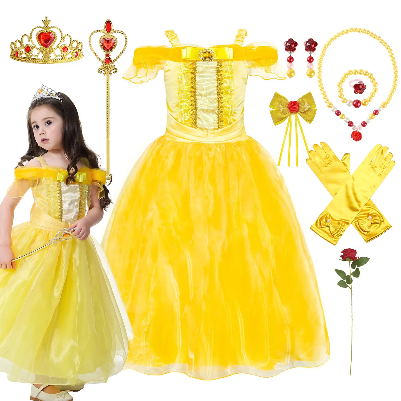 Anmut Fee Belle Prinzessin Ballkleid Mädchen Schönheit und das Biest Cosplay Kostüm Hosenträger Kleid Purim Halloween Festival Kleid Image