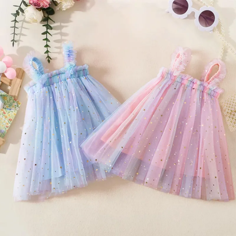 Sommer Mädchen Kleid Baby Mädchen voller Sterne Mond Dekorationen Hosenträger bunte Mesh Strand Prinzessin Kleid Image