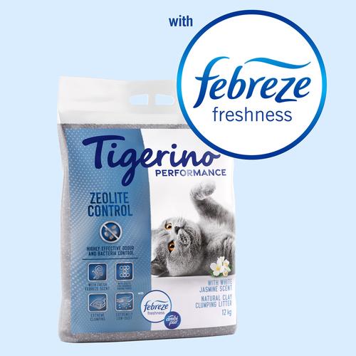 12kg Tigerino Performance Zeolite Control Katzenstreu - Febreze-Jasminblütenduft