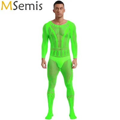 Herren-Dessous, einteilig, durchsichtiger Netz-Bodystocking, Overall, ausgehöhlt, transparenter Body, Nachtwäsche, Nachtwäsche, Ganzanzug Image