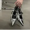 Damen Silber Schnalle Sling back High Heels spitz 2024 Sommer dünne Ferse Lederschuhe für Frau elegante Party Mary Jane Pumps