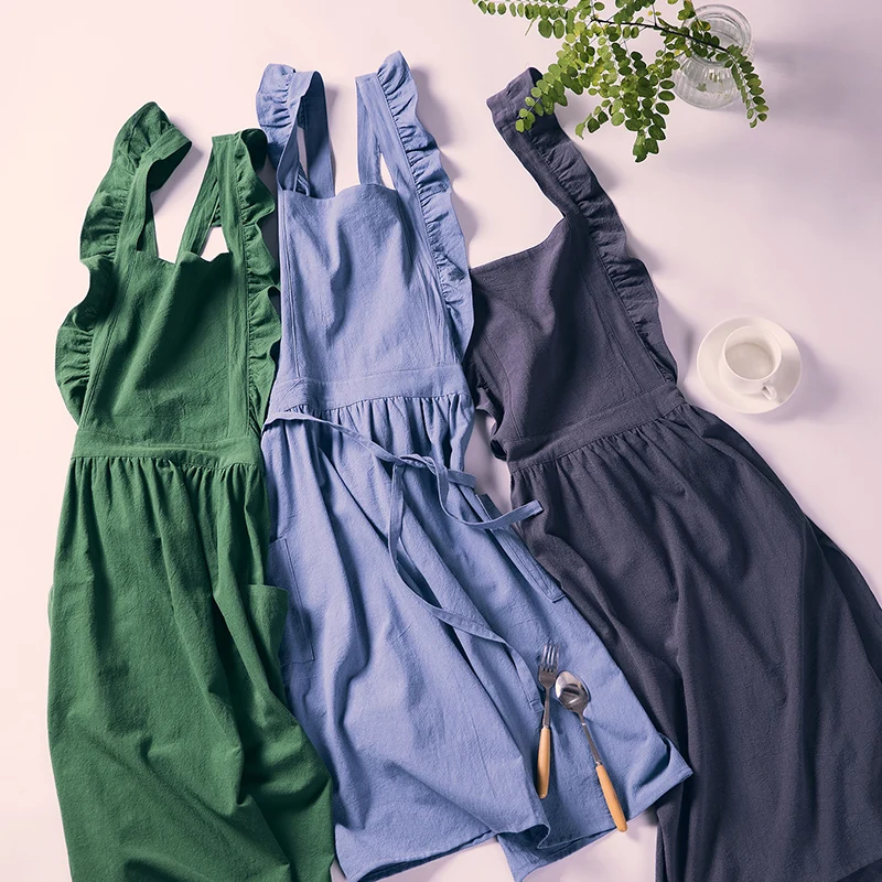 Schürze mit überkreuztem Rücken, Küchenschürze, gerüscht mit Taschen für Koch, Gartenarbeit, rosa Arbeit, Frauen mit großem Schürzen, Kleid, Kochen, Backen Image