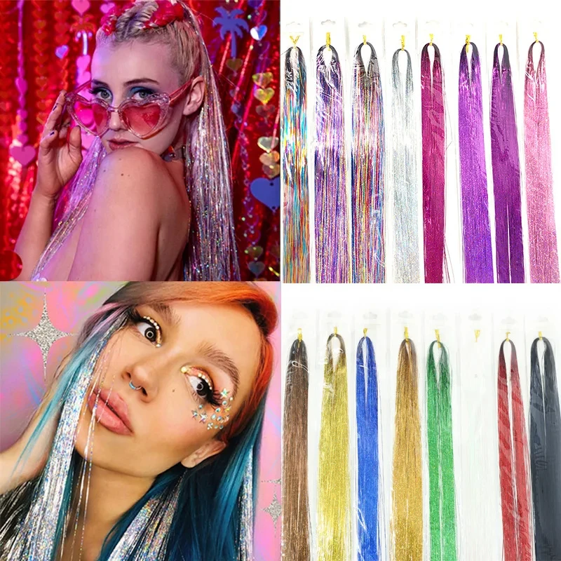 Funkeln des glattes Haar Lametta synthetische Haar verlängerung Kit Regenbogen Frauen bunte Haar verlängerung schillernde geflochtene Accessoires Image