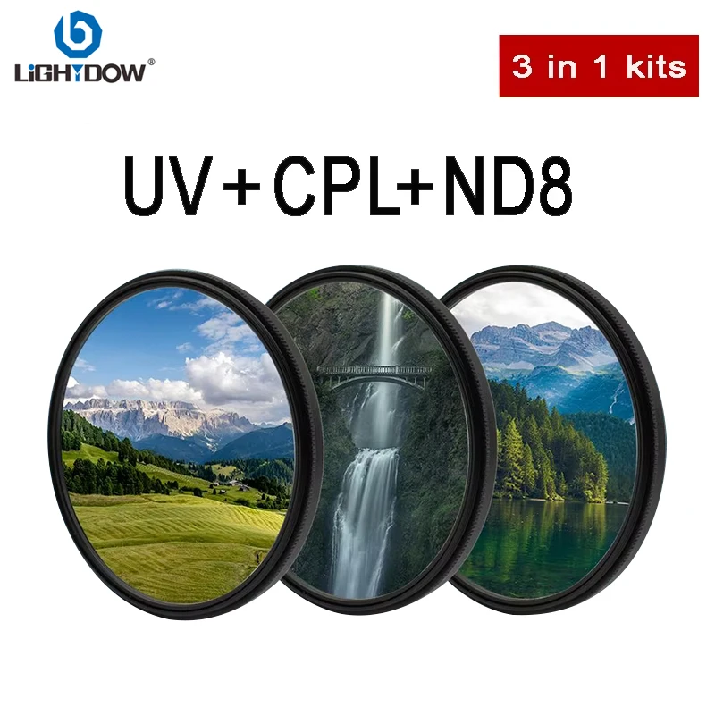 Lightdow Universal UV CPL ND8 3-in-1-Kits Objektivfilter 49 52 55 58 62 67 72 77 82 mm für Kameraobjektivfilterkits Kanone Nikon Sony Image