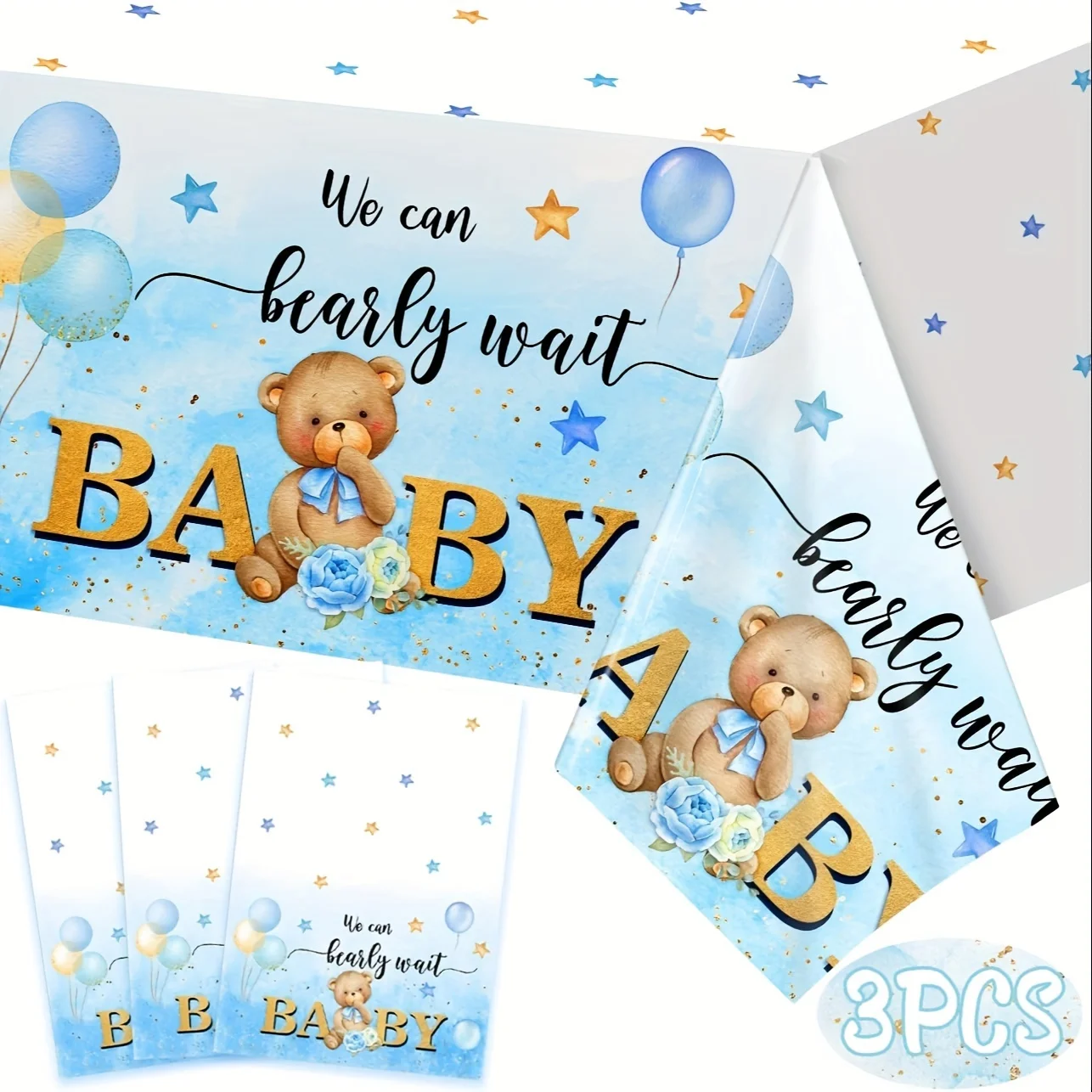 3 Stück Teddybär Baby party Tischdecke, wir können perly warten Baby party Tischdecke Dekorationen für Jungen Mädchen Baby party Geburtstag Image