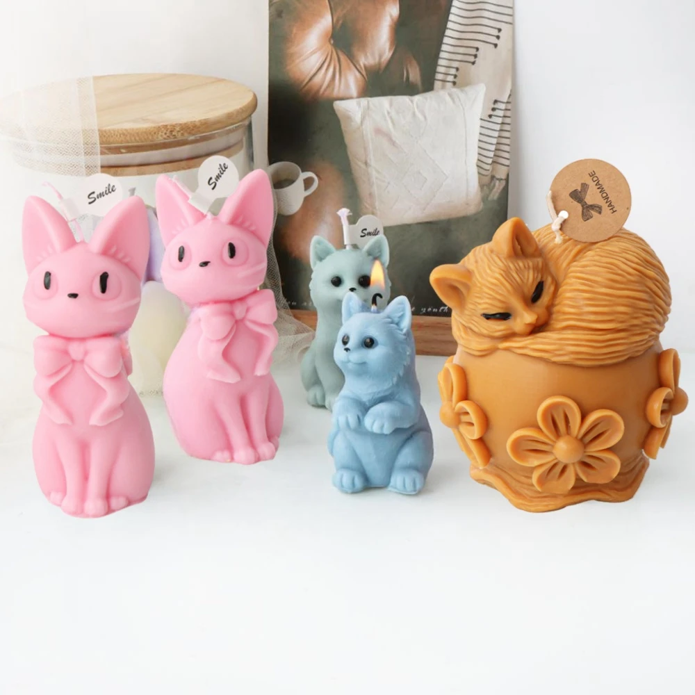 3D süße sitzende Katze Kerze Form Lächeln Kitty handgemachte duftende Gips Harz Seife Silikon Form DIY Tiere Form Home Decor Werkzeug Image