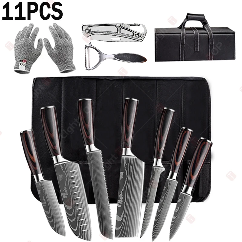 Damaskus Laser Küchenmesser Set Professionelles Ausbeinmesser Japanisches Santokusmesser Obstschäler Allzweckmesser mit Aufbewahrungstasche Image