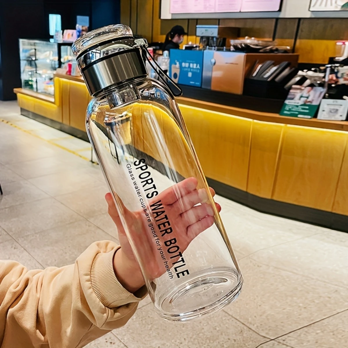 1L Große Kapazität Glas Wasser Flasche Transparent Milch Saft Tasse Outdoor Tragbare Auslaufsicher Drink Tee Wasser Glas Flasche Image