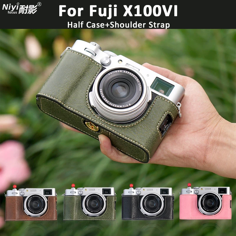 Kamera-Halbhülle für Fujifilm X100VI Fuji X100VI, künstliche Lederunterseite, offen, mit Schultergurt, Kameraschutz-Grundplatte Image
