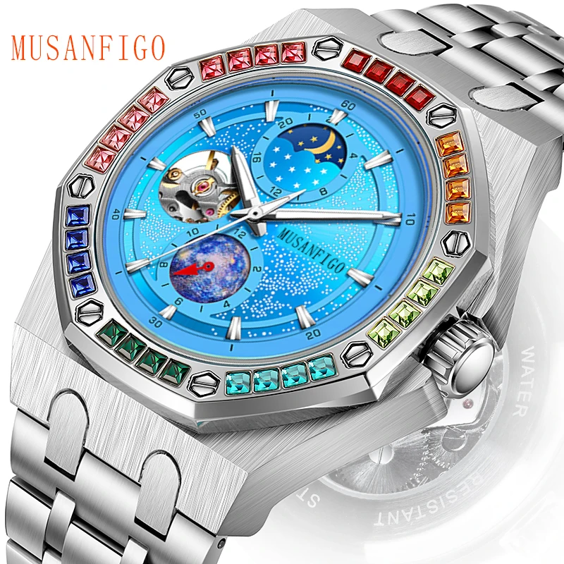 Herren-Automatikuhr, wasserdichte Uhr, Strass, superleuchtende Sonne, Mond und Sterne, Zifferblatt, Skelett, Herren-Geschenkuhr Image