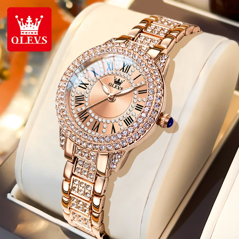 OLEVS 9943 Damenuhr, römisches Diamant-Zifferblatt, komplett rosa, elegante Damenuhr, Edelstahl, wasserdicht, Quarz, Damen-Armbanduhr