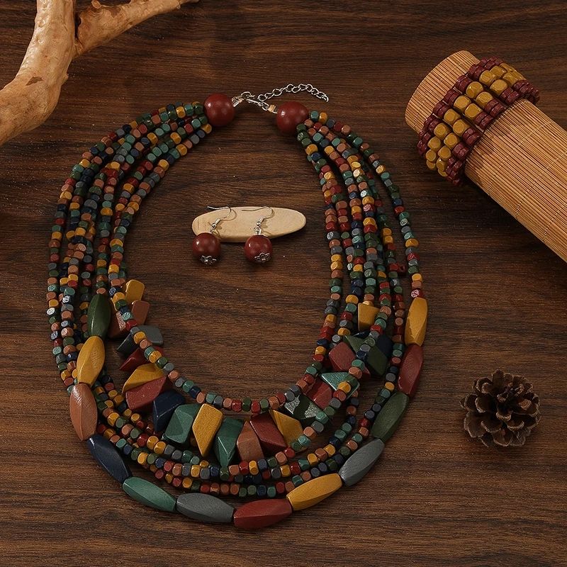 Mehrschichtige handgemachte Holzperlen Halskette Ohrringe Armband Schmuckset Vintage Farb Statement Kragen Boho Perlen lang afrikanisch J Image