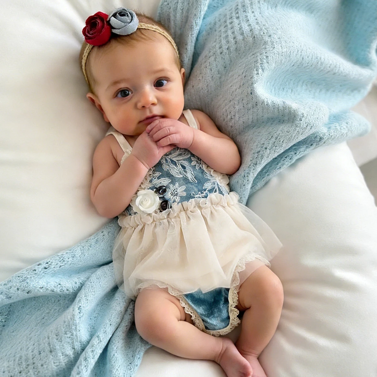 Ylsteed 2-teiliges Set für Neugeborene, Chiffon-Strampler + Stirnband für Bild-Requisiten, rosafarbene Spitzen-Outfits für Fotoshooting, Baby-Requisiten Image