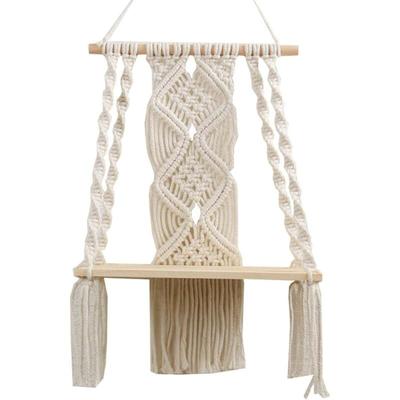 Memkey - Wandregal, handgewebter Makramee-Wandbehang, böhmischer Wandteppich, mit Holzregal für Image