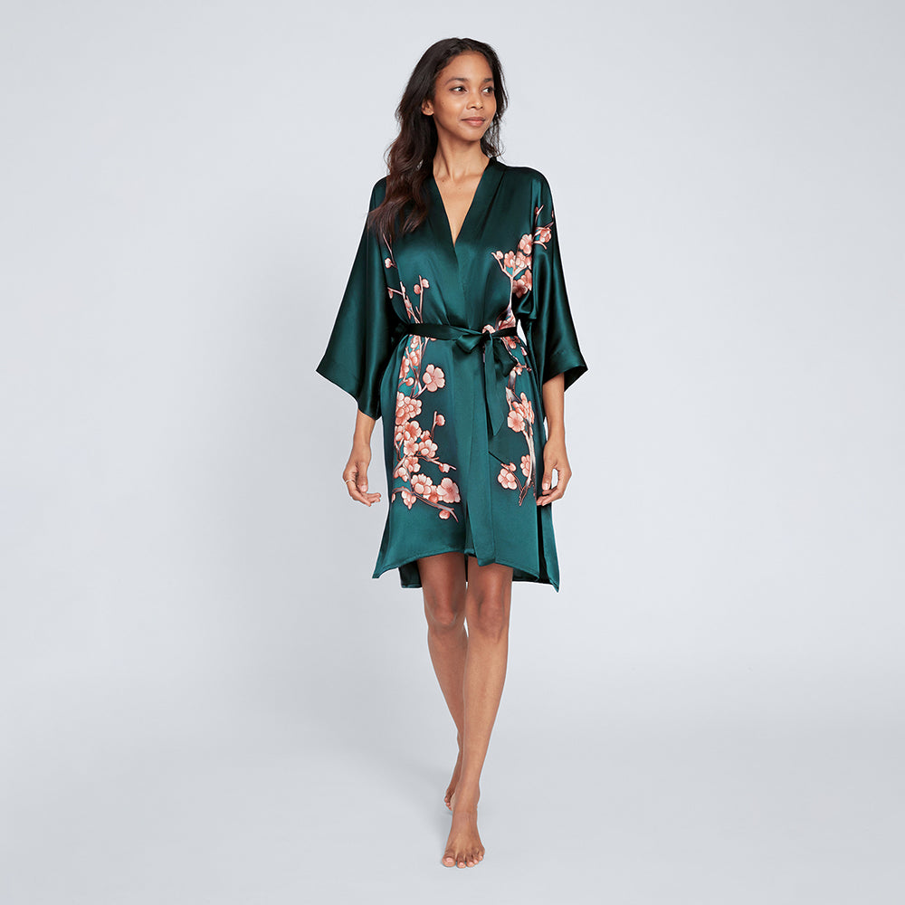 KIM+ONO Kimono Robe | Silk Handpainted Cherry Blossom Short Kimono Robe | Silk | Emerald | Short