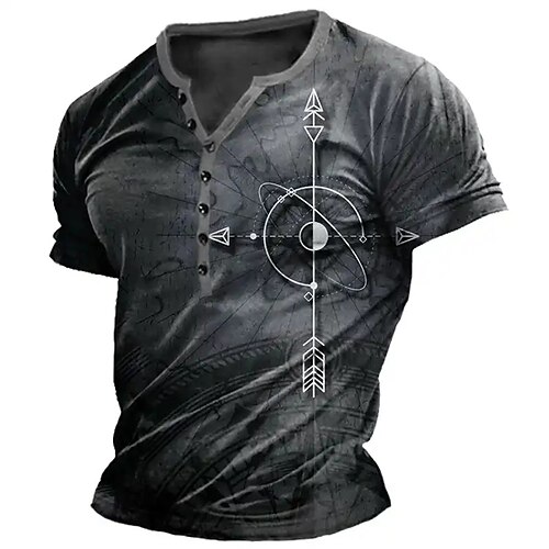 Herren Grafik Kompass Henley Hemd Kurzarm Mode Designer Bequem Täglich Outdoor Frühling Sommer Dunkelgrau Henley Henley T-Shirt Image