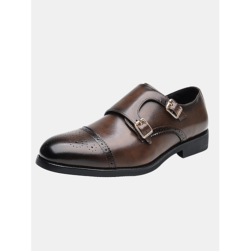 Braune Herrenschuhe aus Kunstleder mit Doppel-Monkstrap und Brogue-Details, klassischer Stil für Hochzeiten, formelle Anlässe und Geschäftskleidung Image